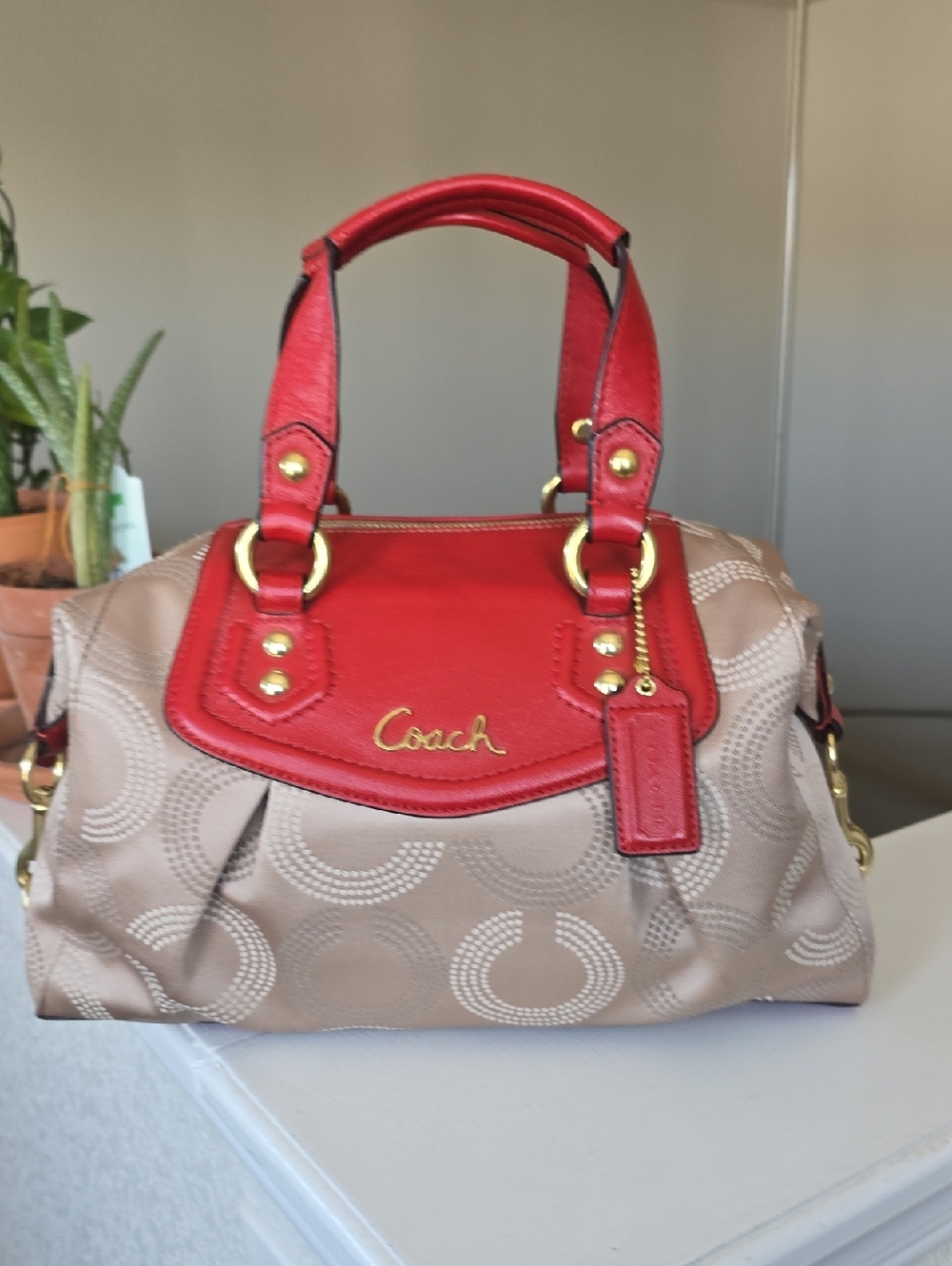 Coach Ashley Dotted Op Art Beige Red Carryall Satchel #F20027 - Picture 5 of 16